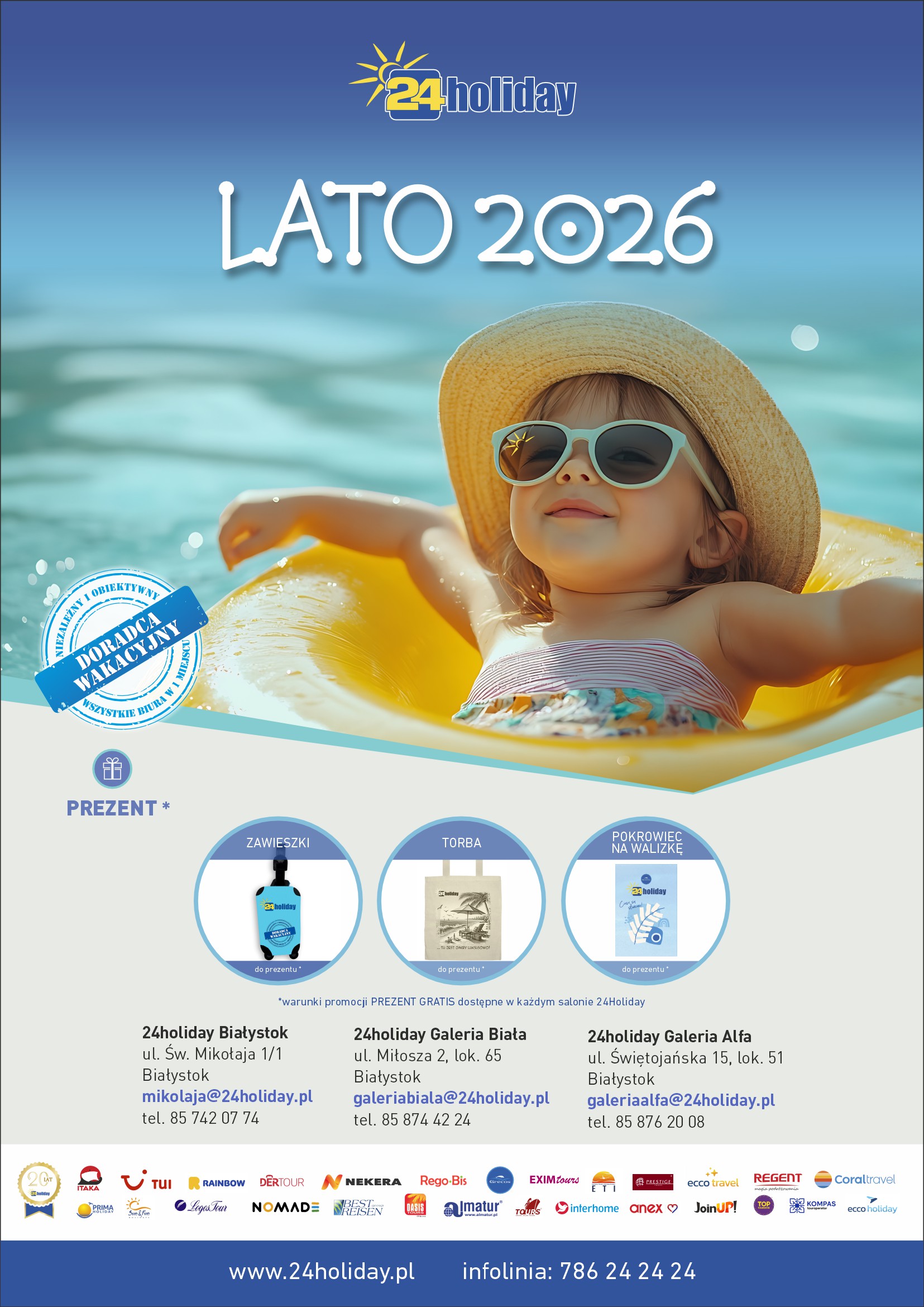 Plakat promocji „LATO 2026 z 24Holiday” z prezentacją nagród: kalendarza biurkowego, toreb boho, zawieszek na bagaże, organizera książkowego oraz zniżki 50% na parking przy lotnisku.
